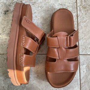 UGG Chestnut Brown Goldenstar Leather Slide Sandals